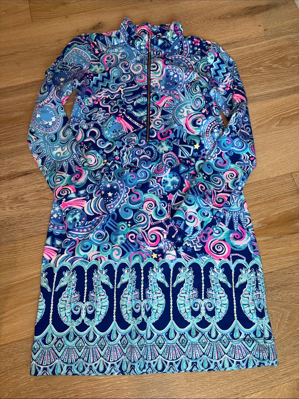 Lilly Pulitzer Navy, Aqua & Pink Seahorse Print Long-Sleeve Swim Dress
